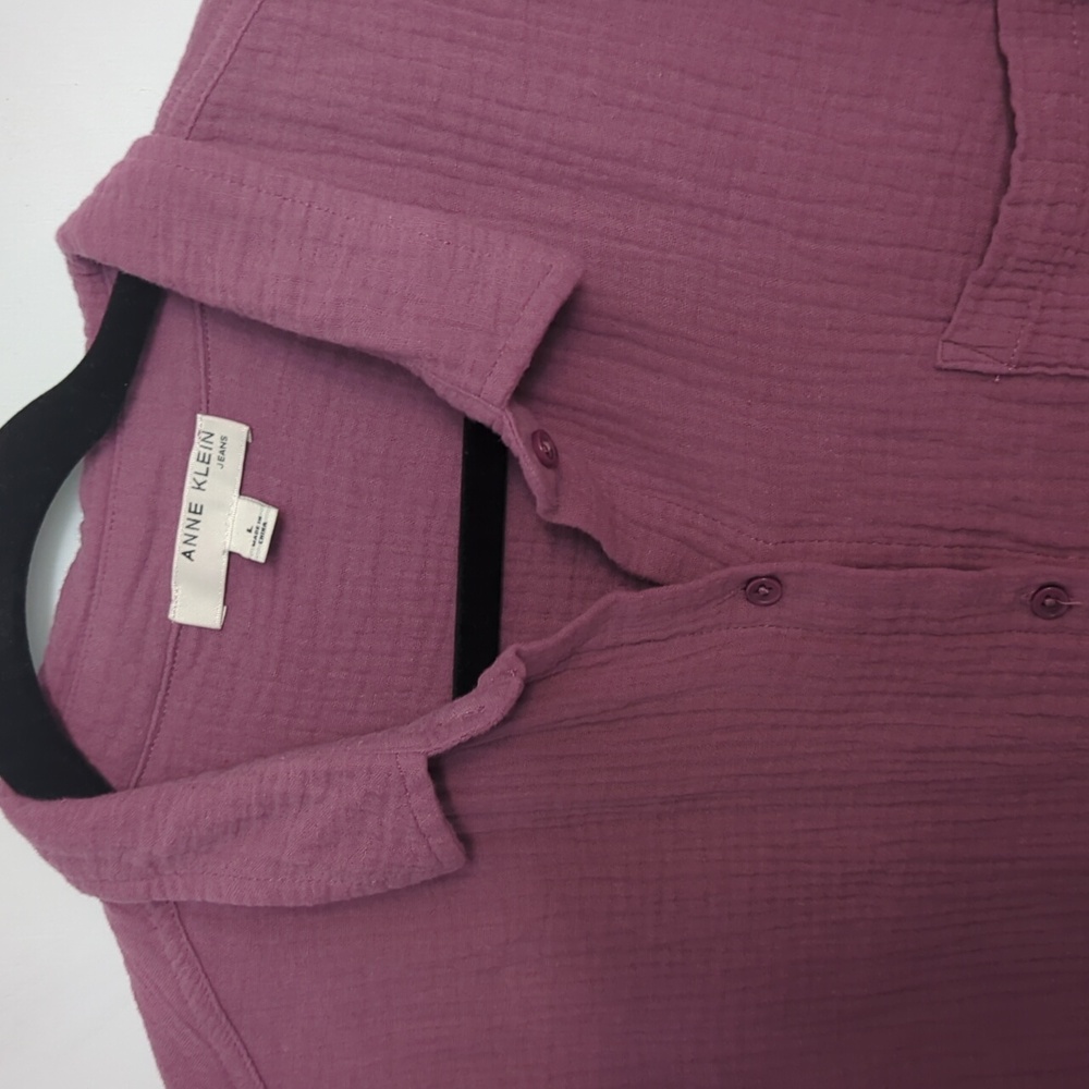 Anne Klein Sz L Purple Button Up Long Sleeve Bubble Cotton Shirt - Picture 2 of 5